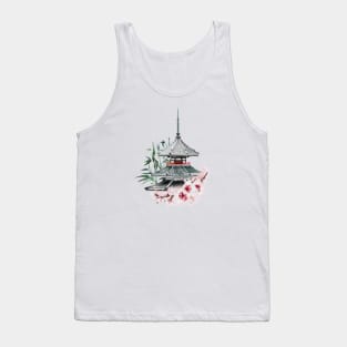 Japanese Painting of Beautiful Pagoda among Cherry Blossoms and Bamboo Tank Top